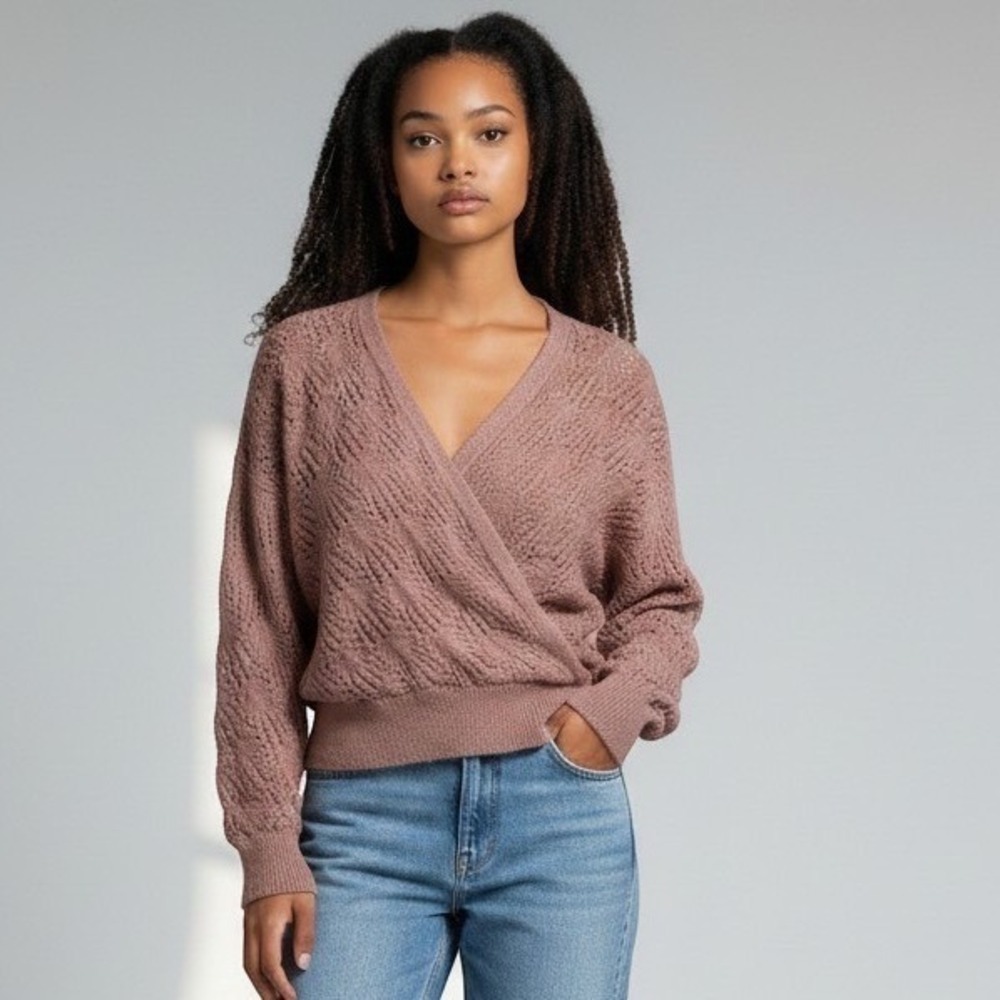 MEROKEETY Womens Wrap Front Crochet Knit Sweater V Neck Long Sleeve Brown Large